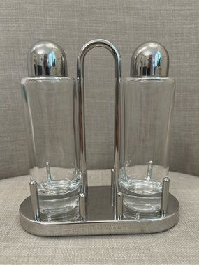 Ettore Sottsass for Alessi Italy Glass and Stainless Steel Oil Vinegar Cruet Set
